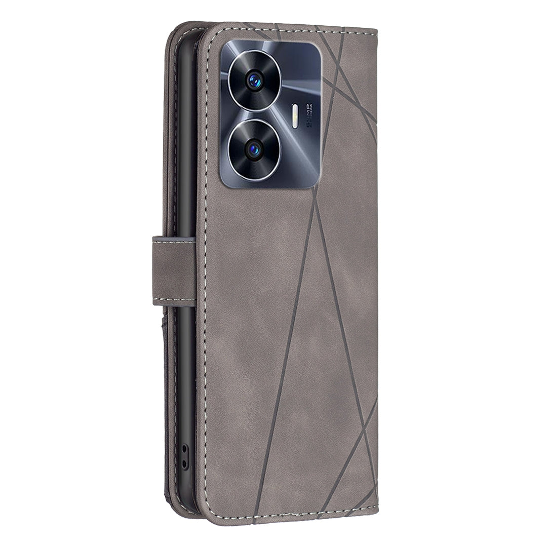 Realme C55 Rhombus Texture Leather Phone Case with Magnetic Buckle and Card Holder