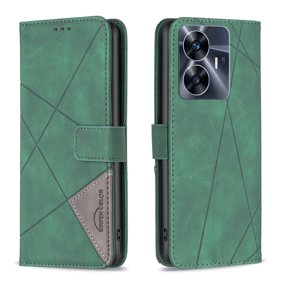 Realme C55 Rhombus Texture Leather Phone Case with Magnetic Buckle and Card Holder