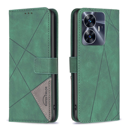 Realme C55 Rhombus Texture Leather Phone Case with Magnetic Buckle and Card Holder
