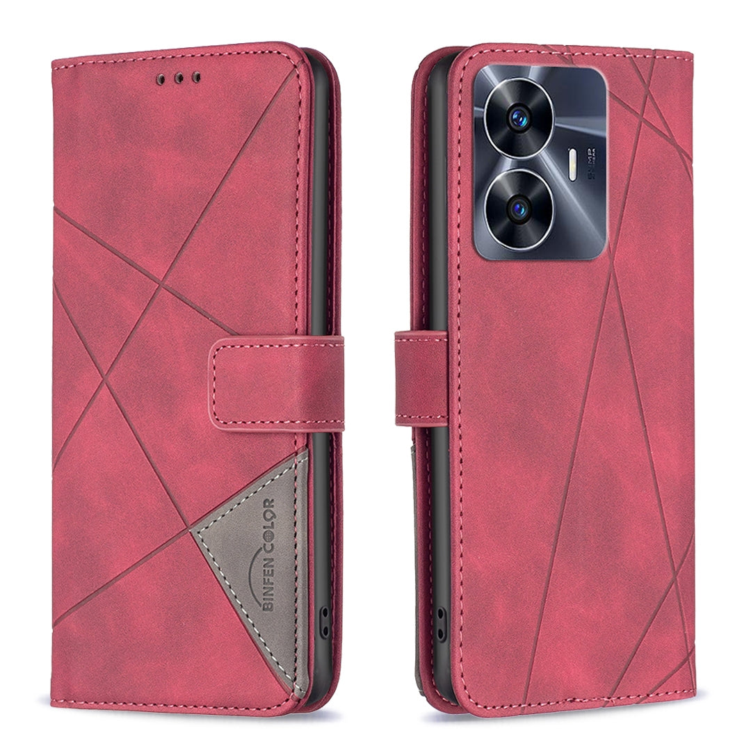 Realme C55 Rhombus Texture Leather Phone Case with Magnetic Buckle and Card Holder