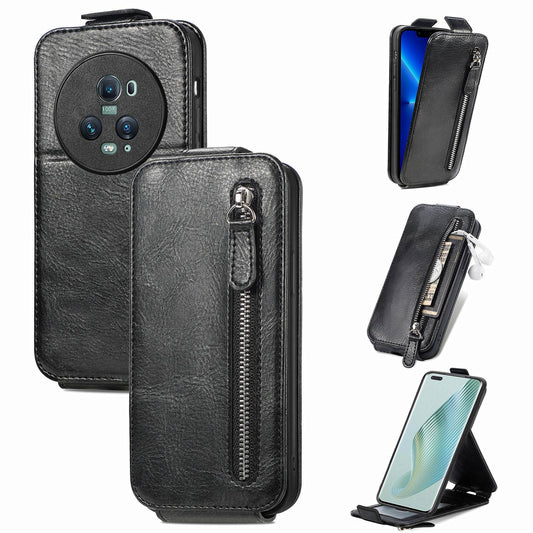 Honor Magic5 Pro Zipper Wallet Case - Vertical Flip Leather Phone Cover with Multiple Card Slots and Stand