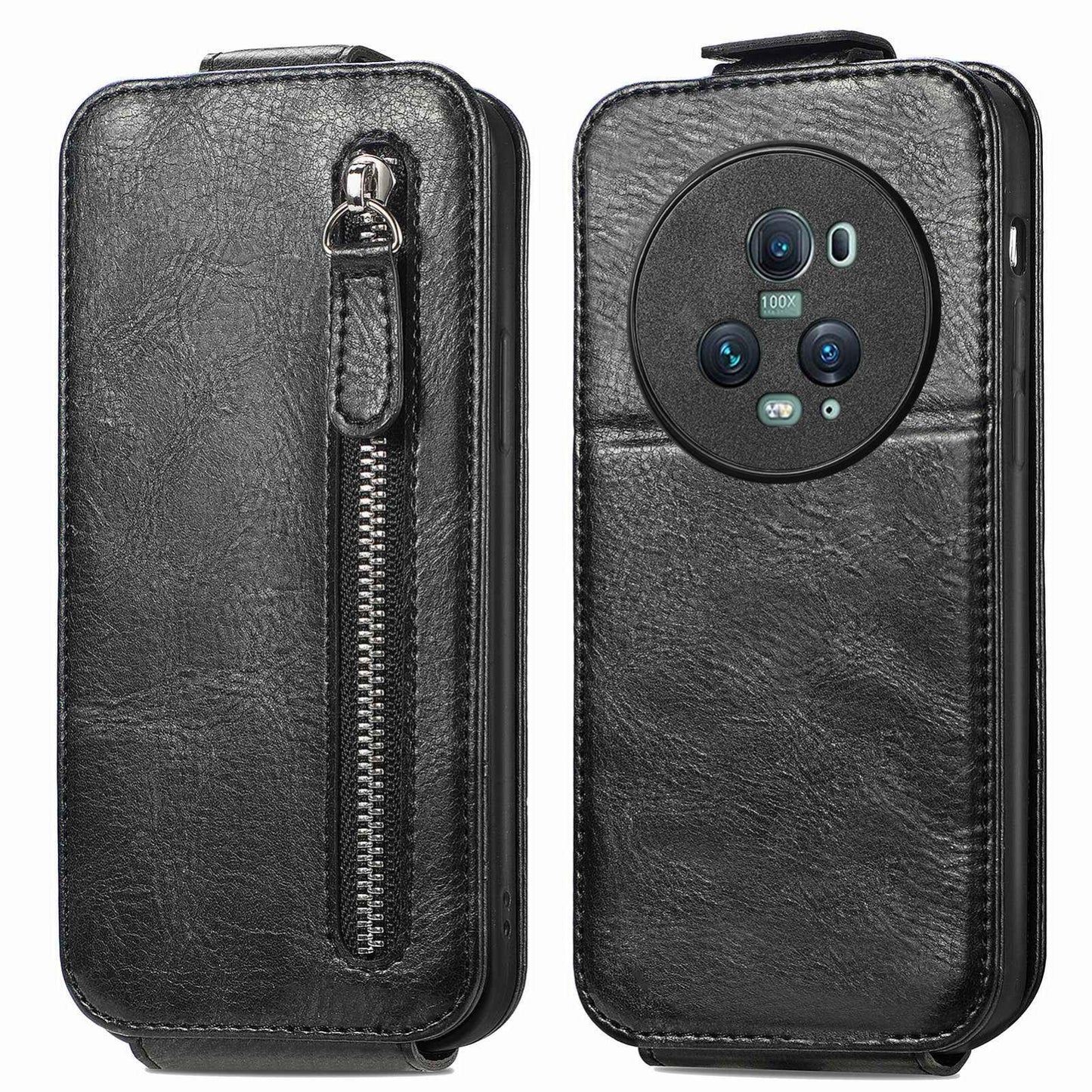 Honor Magic5 Pro Zipper Wallet Case - Vertical Flip Leather Phone Cover with Multiple Card Slots and Stand