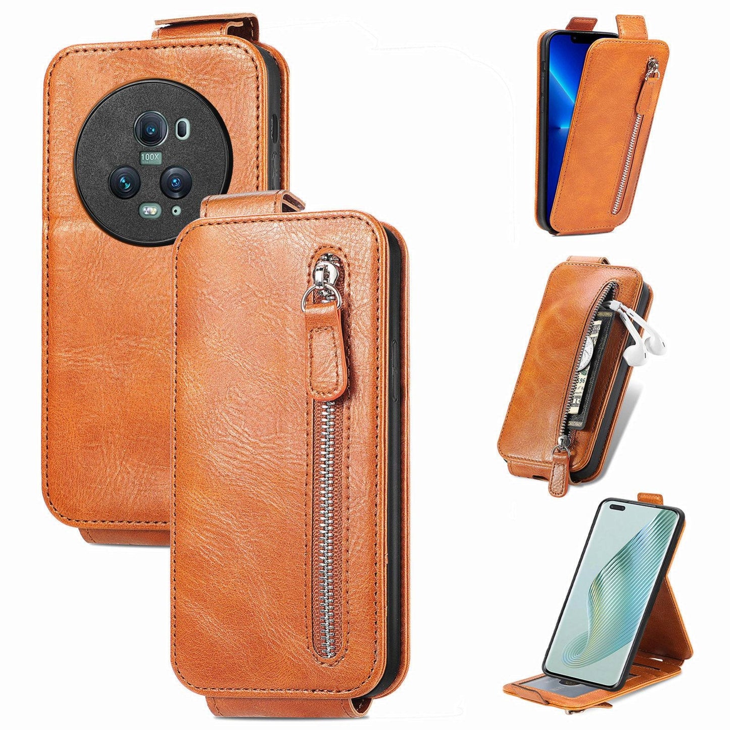 Honor Magic5 Pro Zipper Wallet Case - Vertical Flip Leather Phone Cover with Multiple Card Slots and Stand