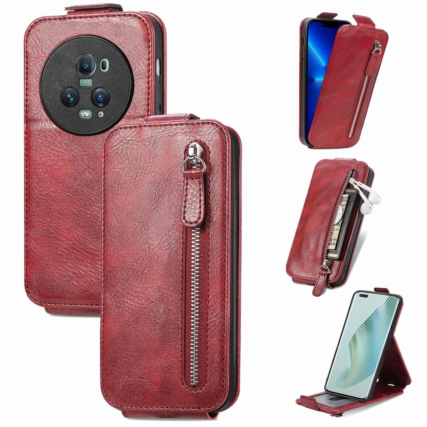 Honor Magic5 Pro Zipper Wallet Case - Vertical Flip Leather Phone Cover with Multiple Card Slots and Stand