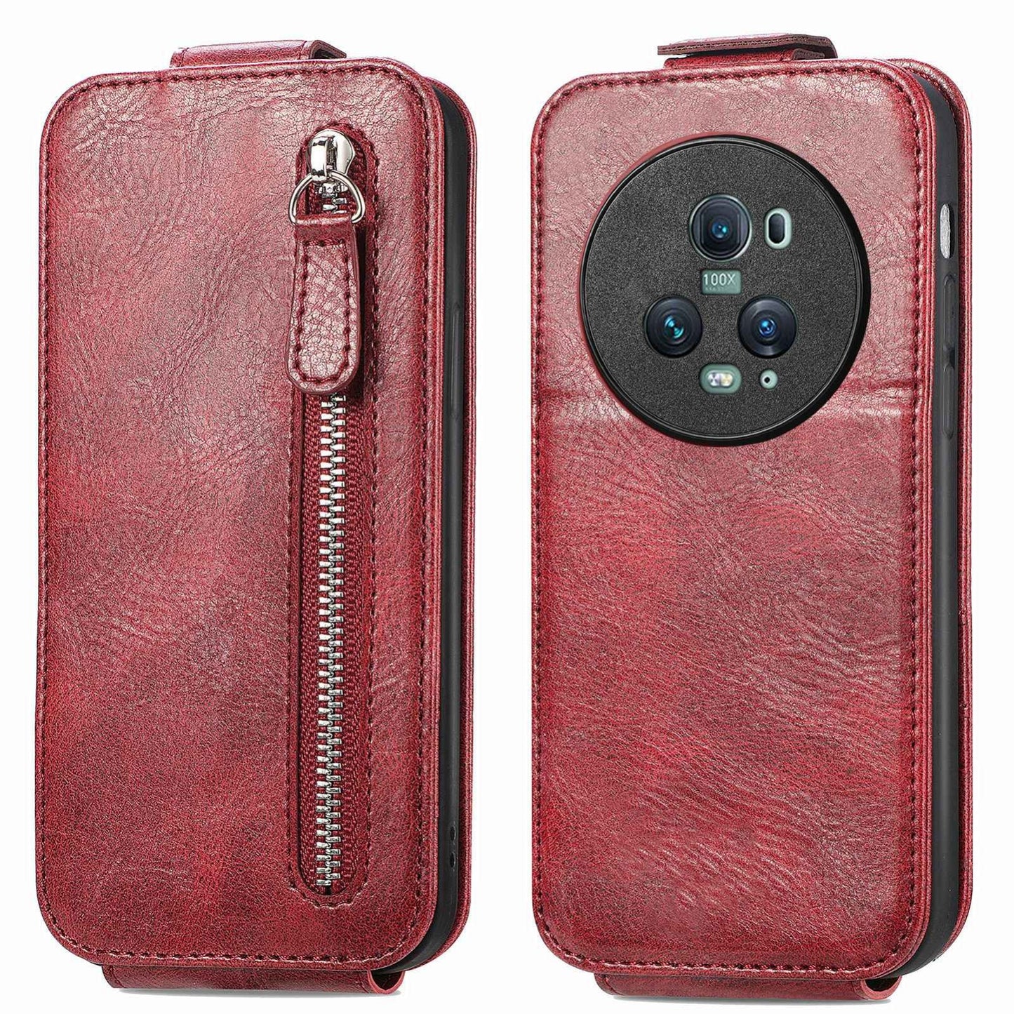 Honor Magic5 Pro Zipper Wallet Case - Vertical Flip Leather Phone Cover with Multiple Card Slots and Stand