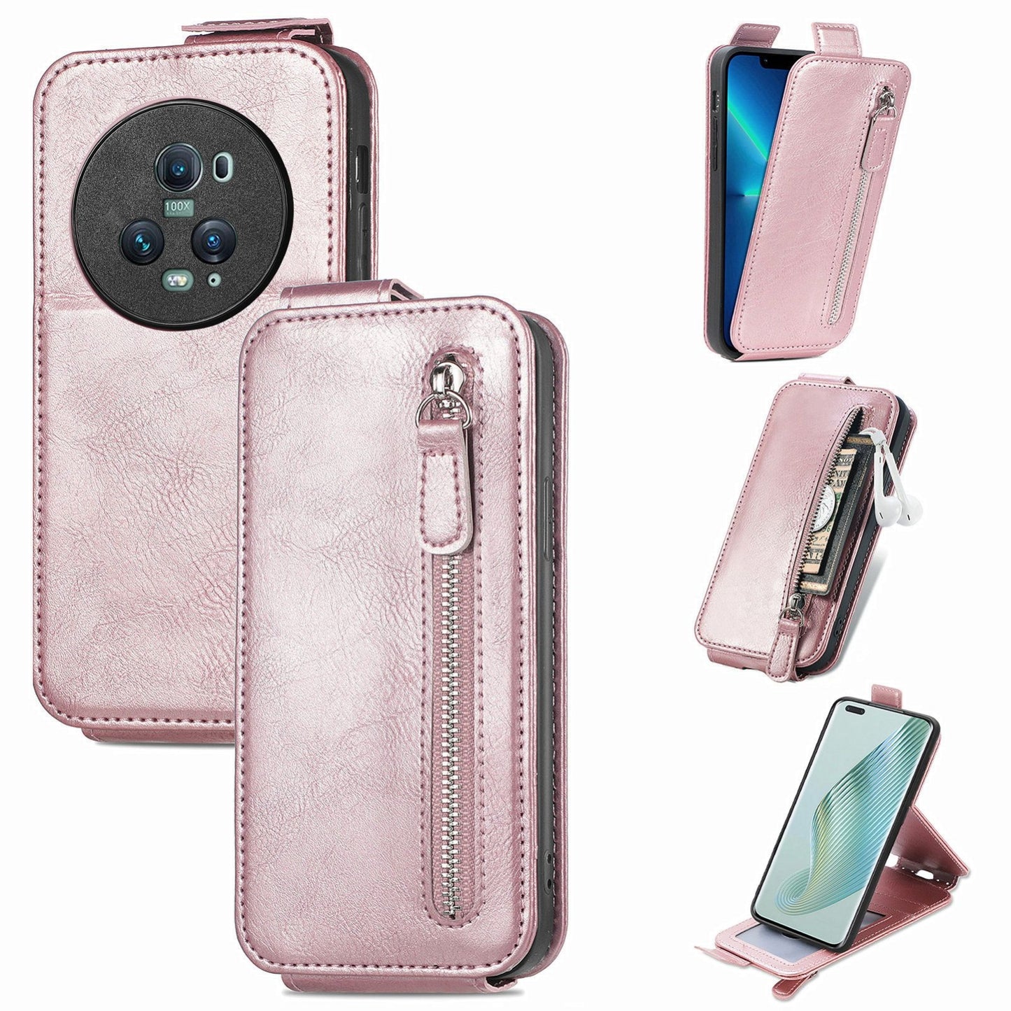 Honor Magic5 Pro Zipper Wallet Case - Vertical Flip Leather Phone Cover with Multiple Card Slots and Stand