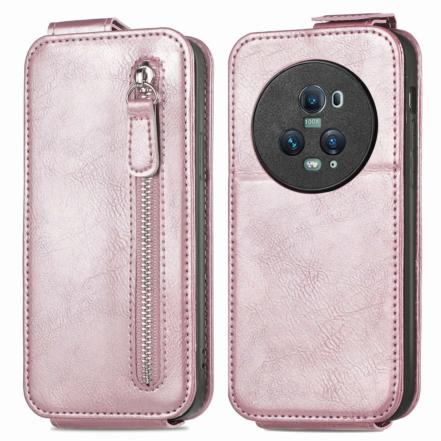 Honor Magic5 Pro Zipper Wallet Case - Vertical Flip Leather Phone Cover with Multiple Card Slots and Stand