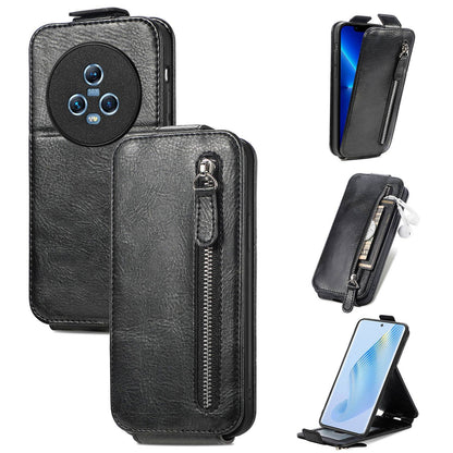 Honor Magic5 Zipper Wallet Case - Vertical Flip Leather Phone Cover with Multiple Card Slots and Stand