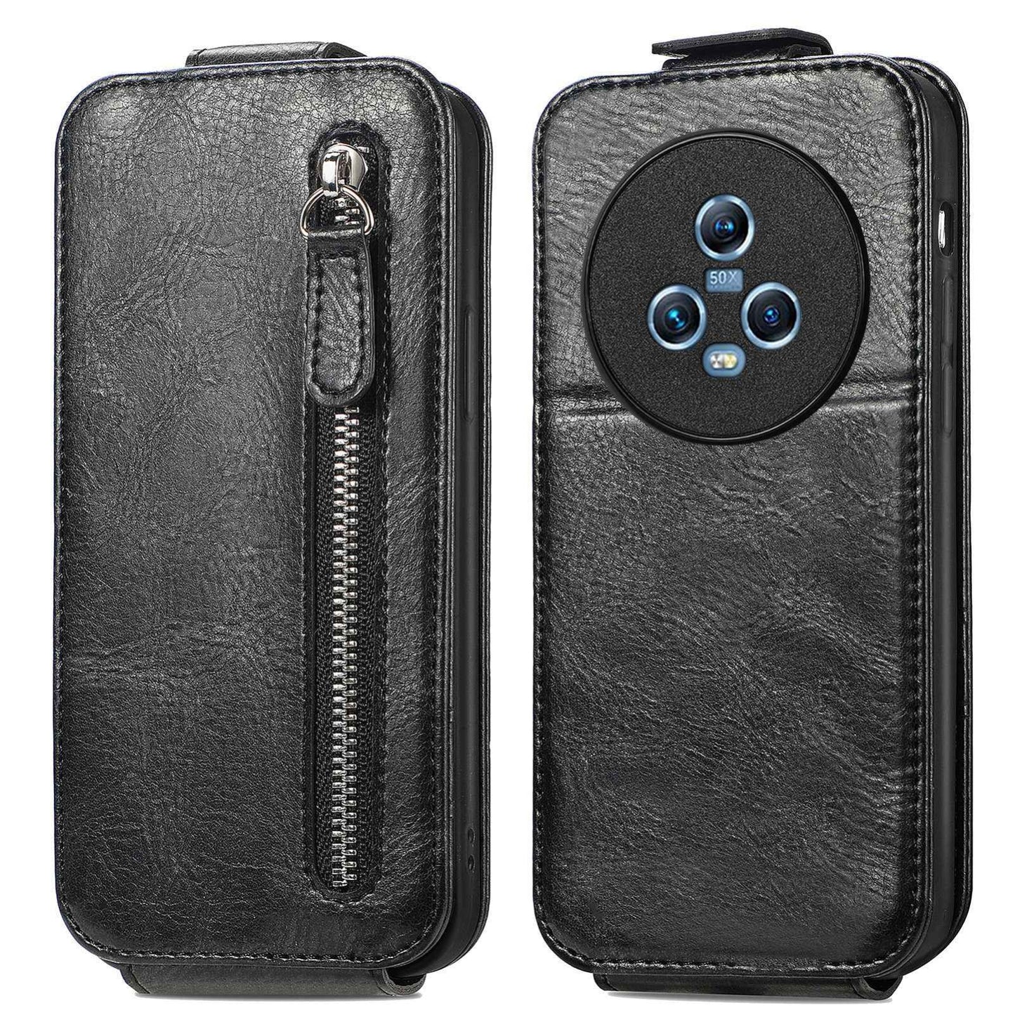 Honor Magic5 Zipper Wallet Case - Vertical Flip Leather Phone Cover with Multiple Card Slots and Stand