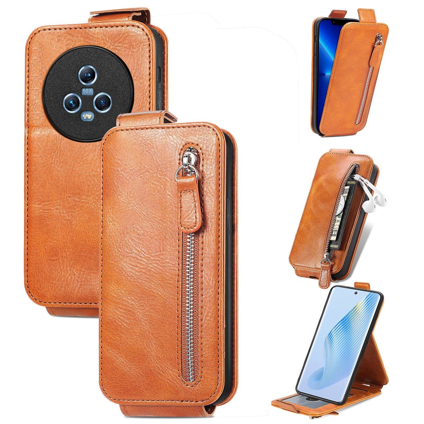 Honor Magic5 Zipper Wallet Case - Vertical Flip Leather Phone Cover with Multiple Card Slots and Stand