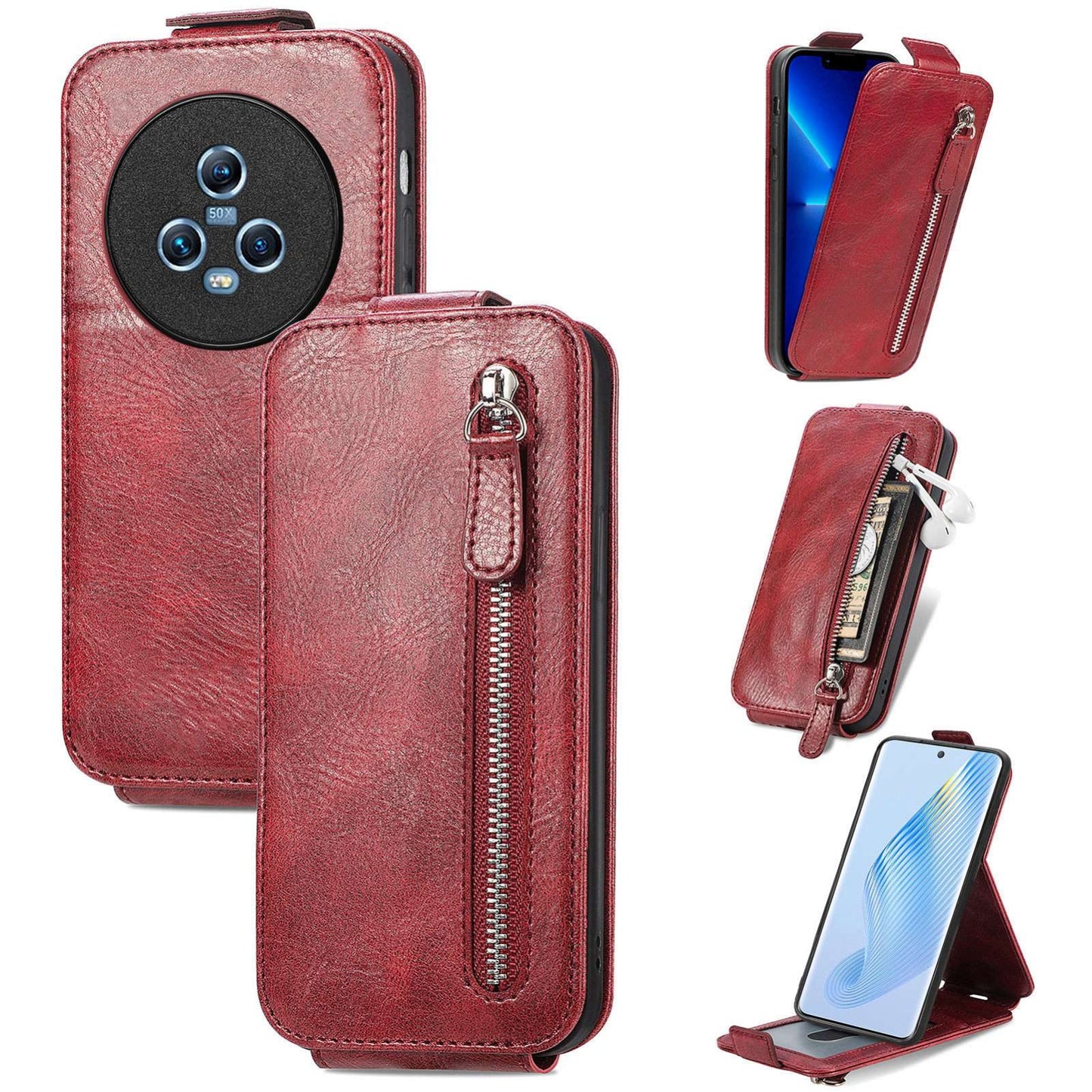 Honor Magic5 Zipper Wallet Case - Vertical Flip Leather Phone Cover with Multiple Card Slots and Stand