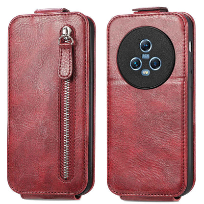 Honor Magic5 Zipper Wallet Case - Vertical Flip Leather Phone Cover with Multiple Card Slots and Stand