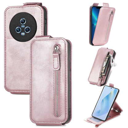 Honor Magic5 Zipper Wallet Case - Vertical Flip Leather Phone Cover with Multiple Card Slots and Stand