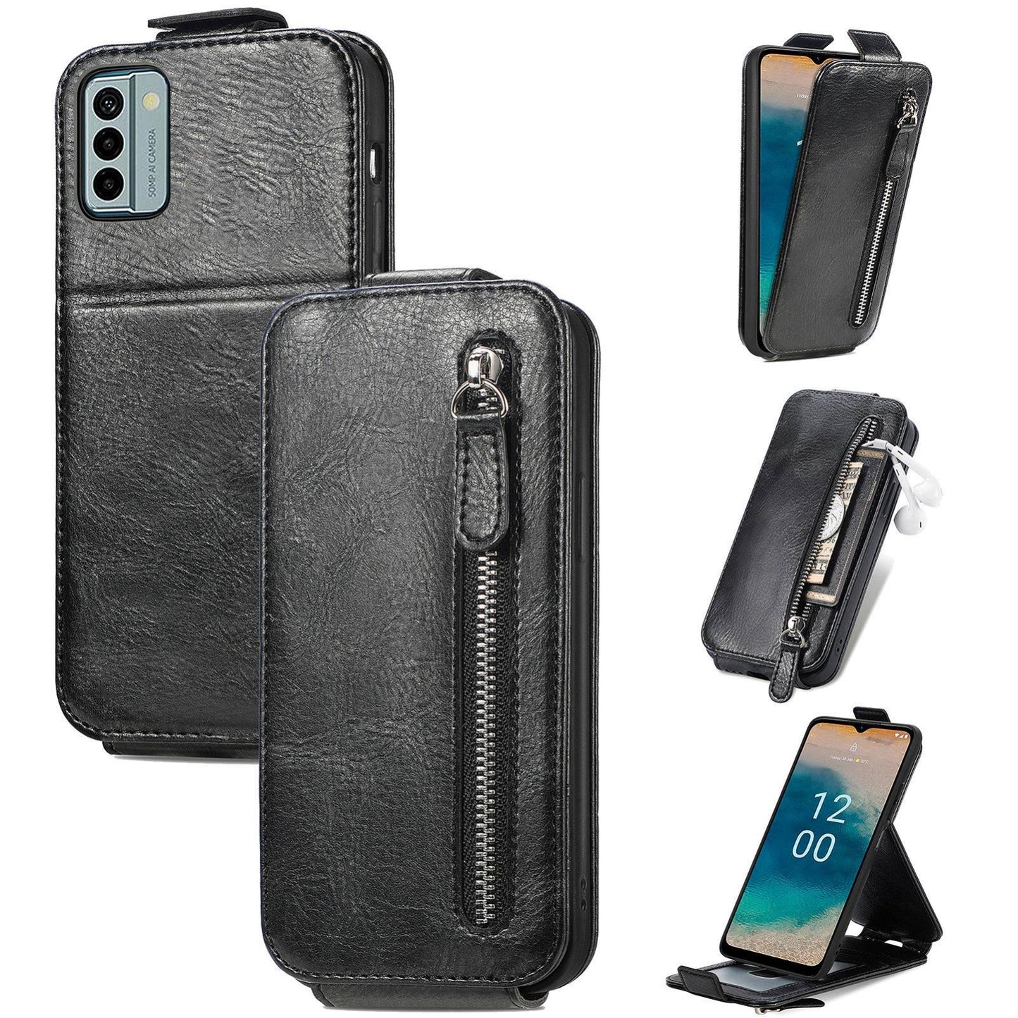 Nokia G22 Zipper Wallet Case - Vertical Flip Leather Phone Cover with Multiple Card Slots and Stand