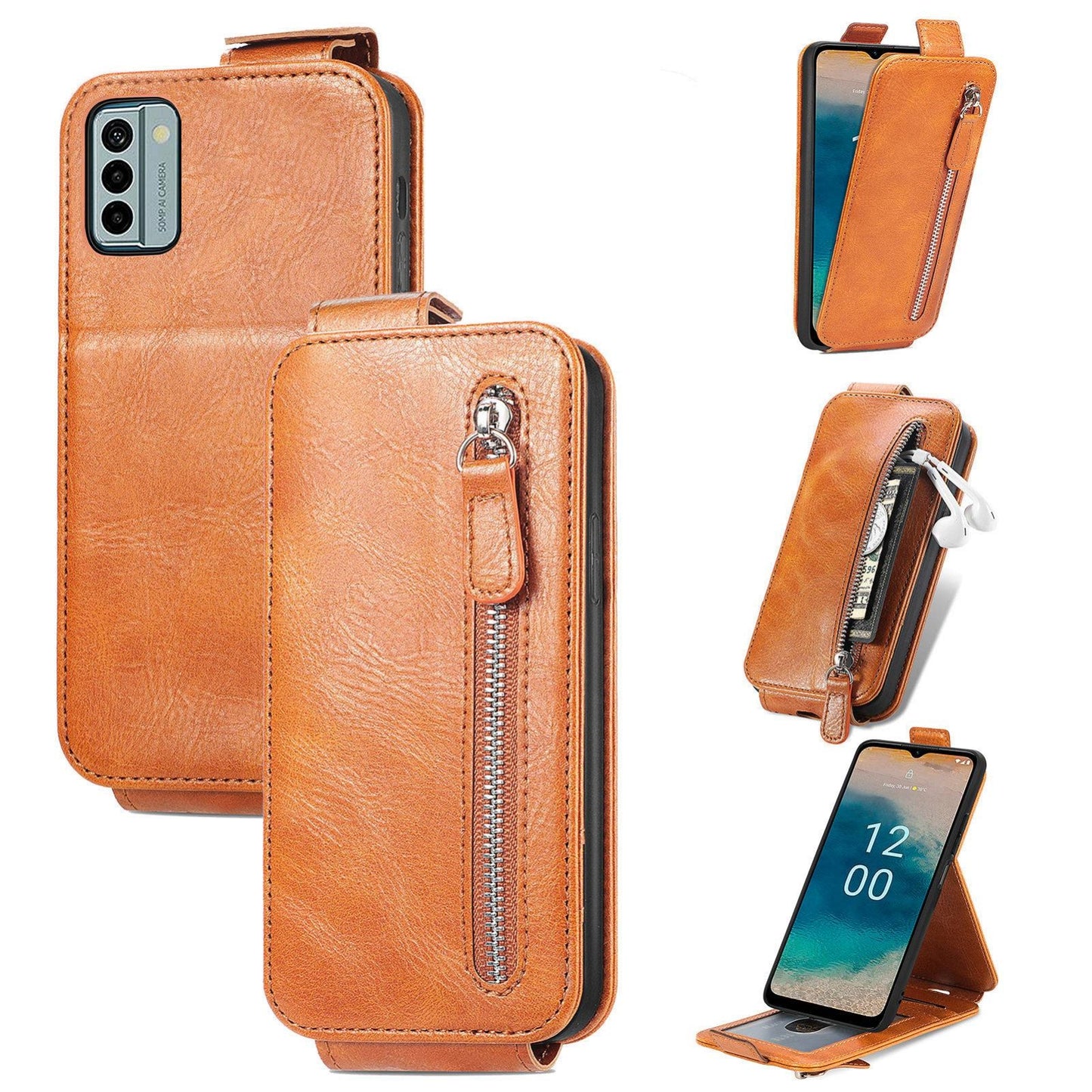 Nokia G22 Zipper Wallet Case - Vertical Flip Leather Phone Cover with Multiple Card Slots and Stand