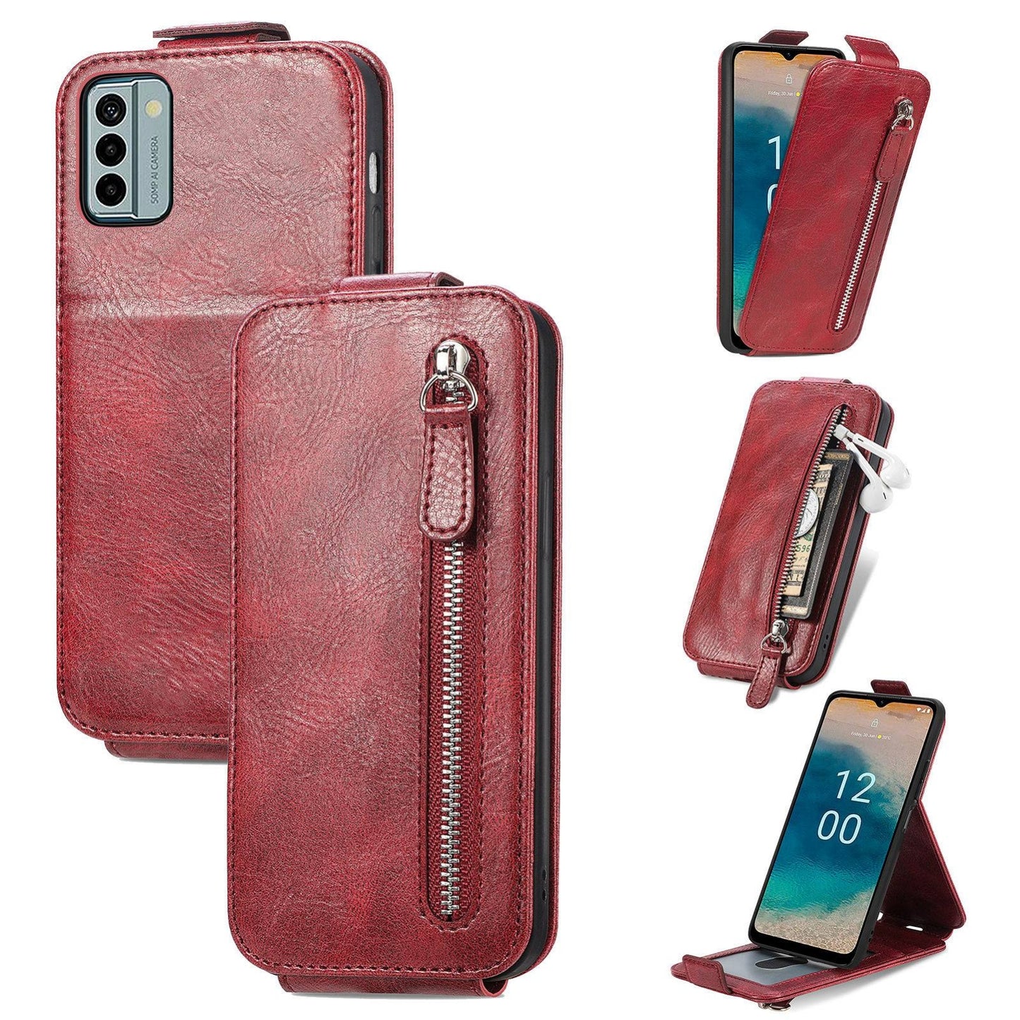 Nokia G22 Zipper Wallet Case - Vertical Flip Leather Phone Cover with Multiple Card Slots and Stand