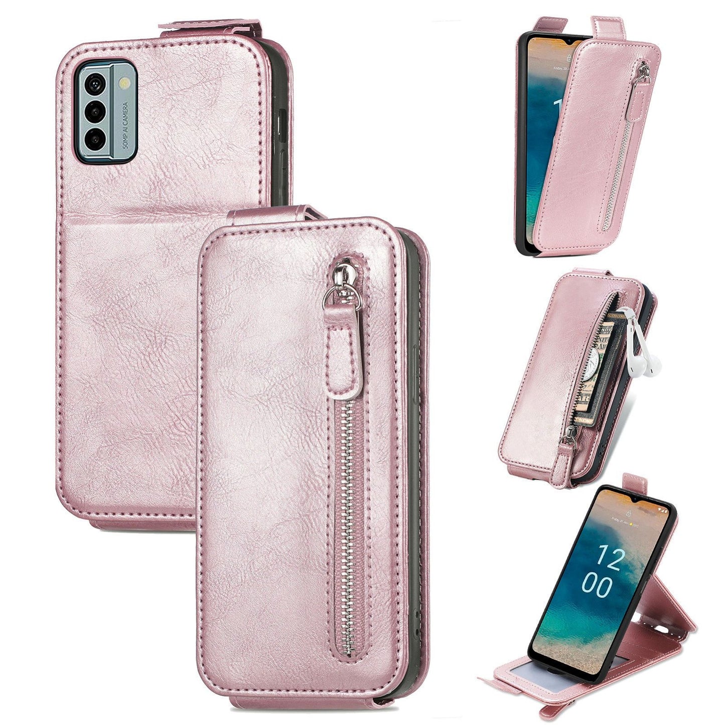 Nokia G22 Zipper Wallet Case - Vertical Flip Leather Phone Cover with Multiple Card Slots and Stand