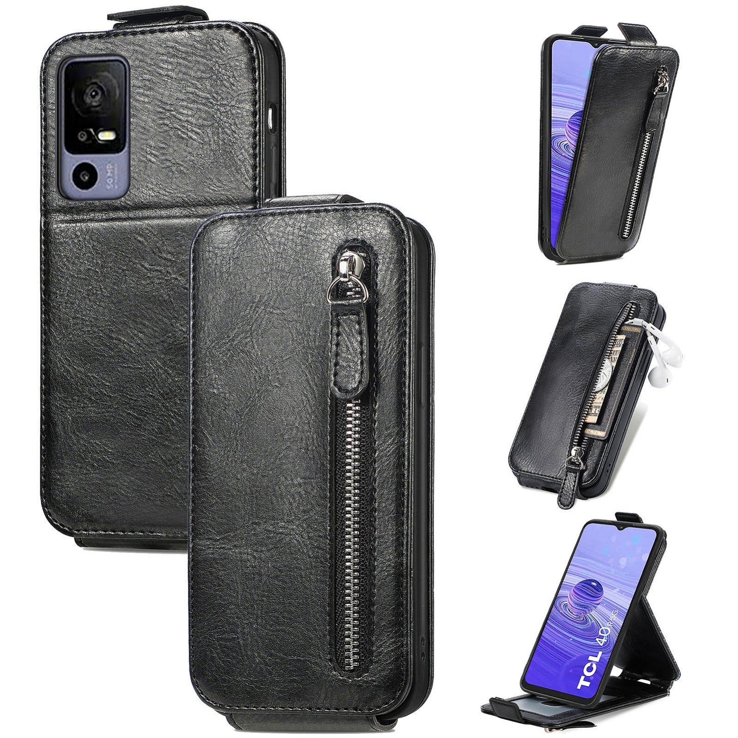 TCL 40R Zipper Wallet Case - Vertical Flip Leather Phone Cover with Multiple Card Slots and Stand