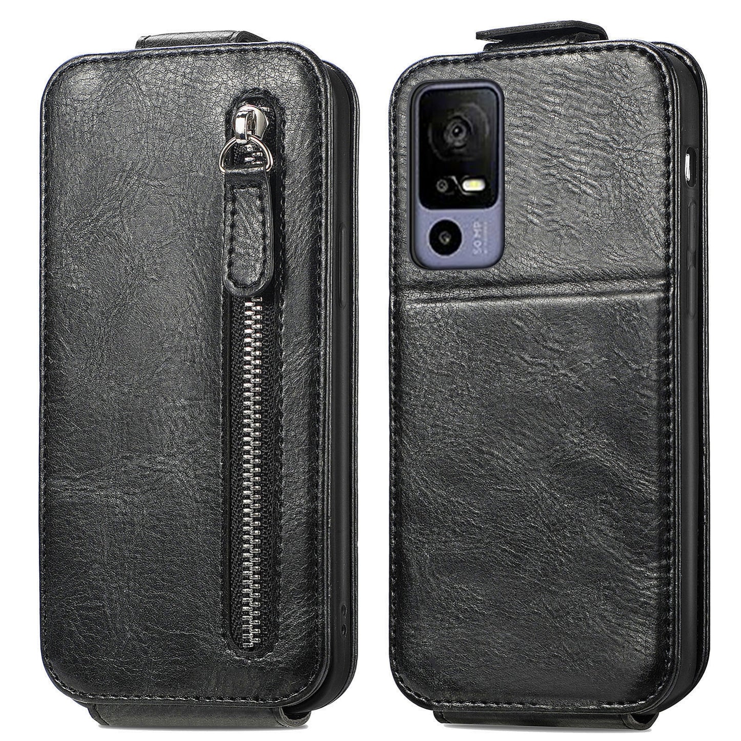 TCL 40R Zipper Wallet Case - Vertical Flip Leather Phone Cover with Multiple Card Slots and Stand