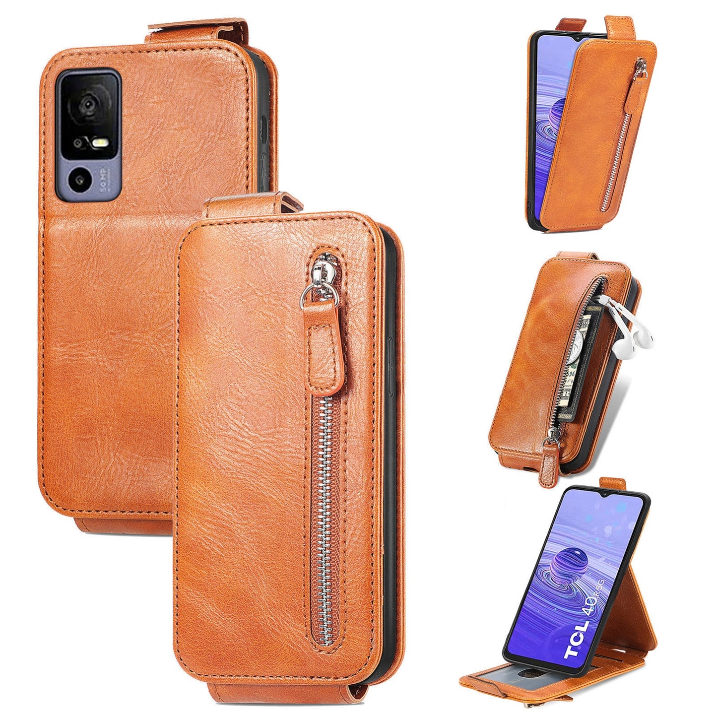 TCL 40R Zipper Wallet Case - Vertical Flip Leather Phone Cover with Multiple Card Slots and Stand