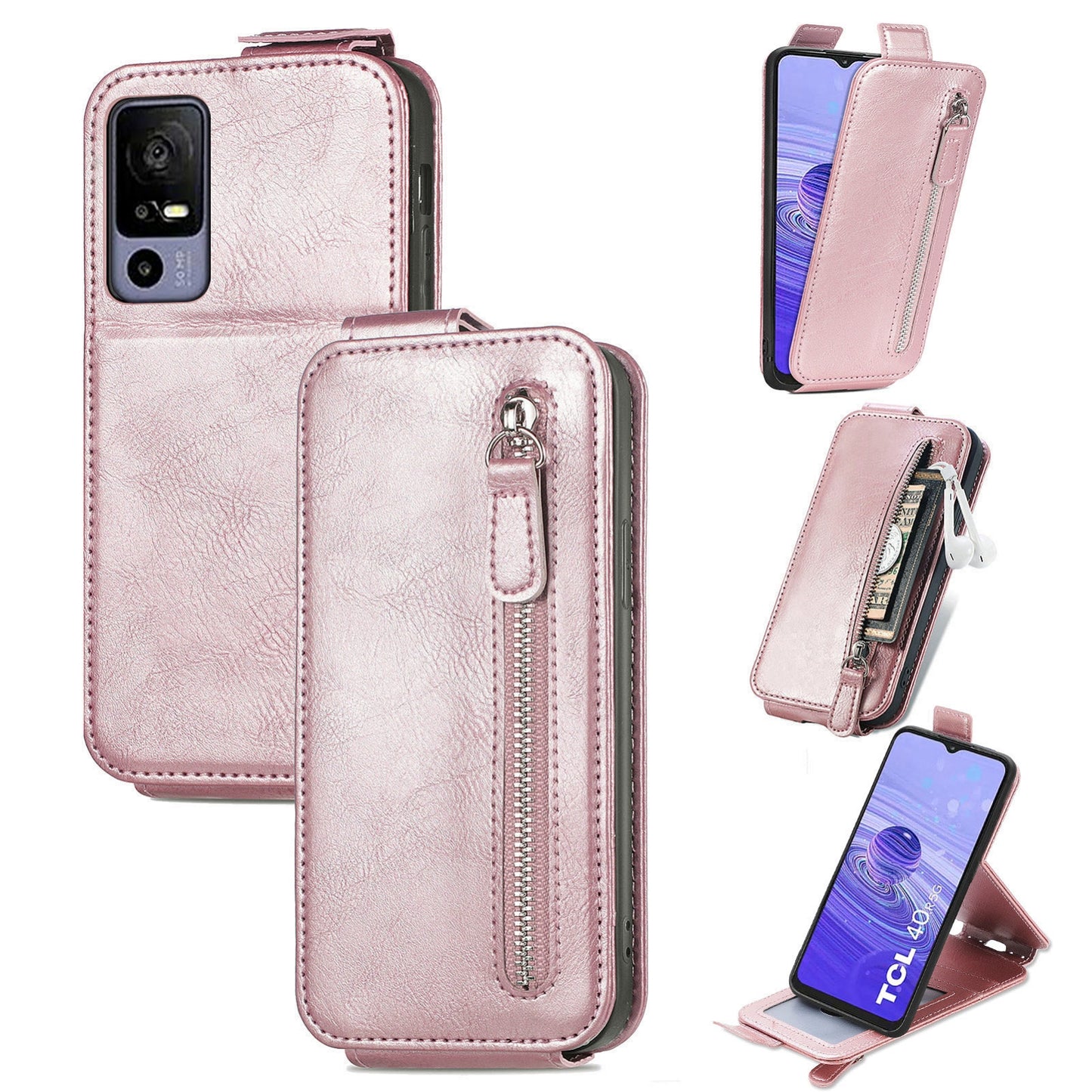 TCL 40R Zipper Wallet Case - Vertical Flip Leather Phone Cover with Multiple Card Slots and Stand