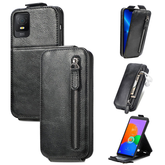 TCL 403 Zipper Wallet Case - Vertical Flip Leather Phone Cover with Multiple Card Slots and Stand