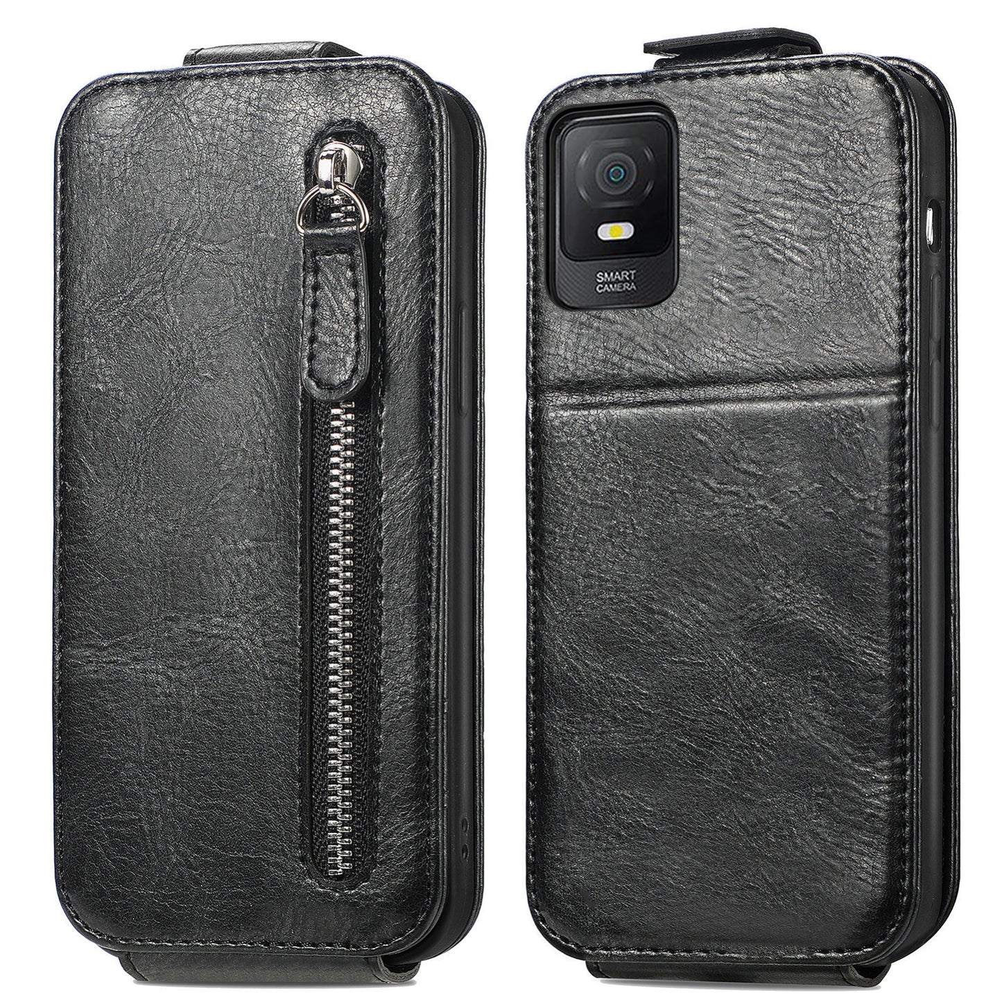 TCL 403 Zipper Wallet Case - Vertical Flip Leather Phone Cover with Multiple Card Slots and Stand