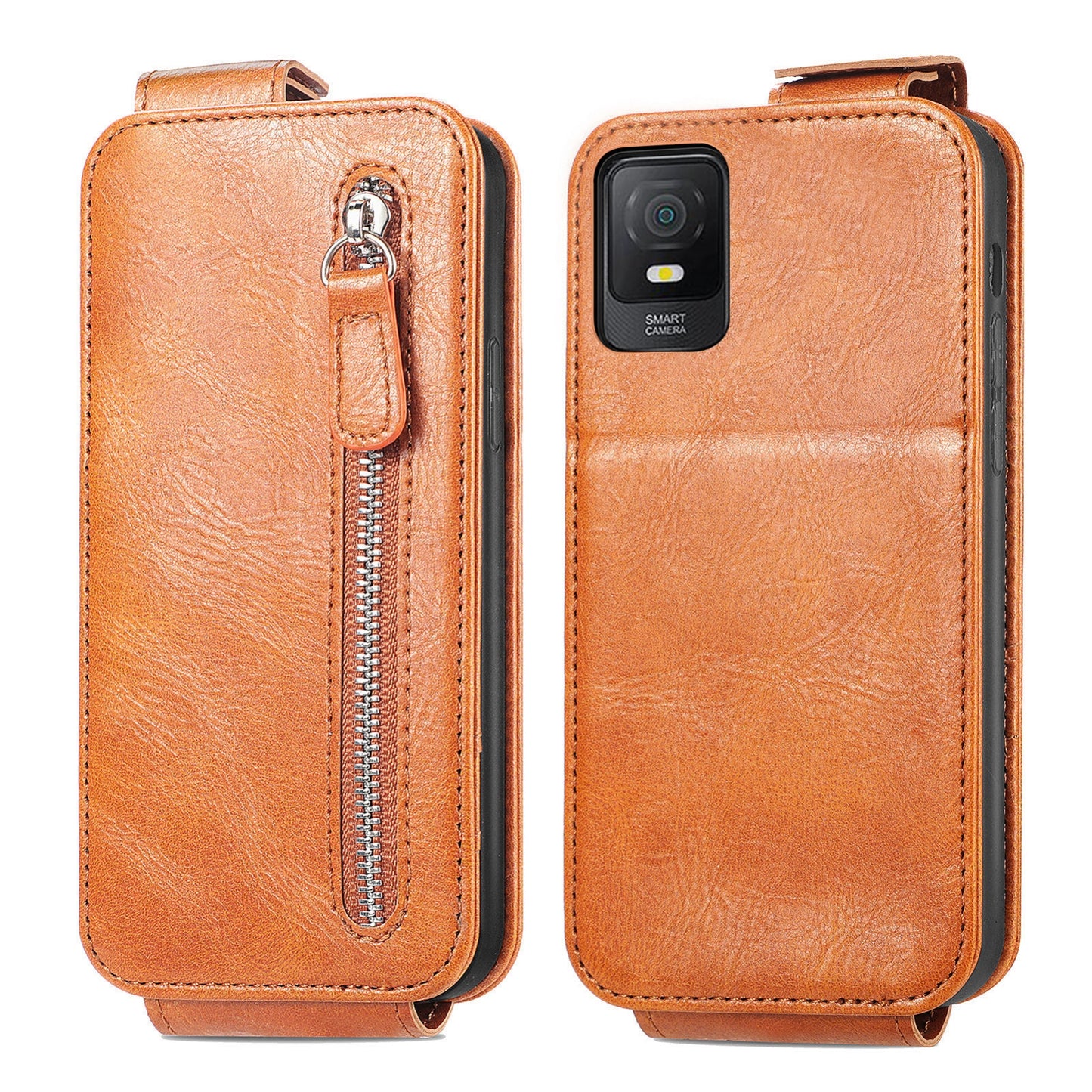 TCL 403 Zipper Wallet Case - Vertical Flip Leather Phone Cover with Multiple Card Slots and Stand