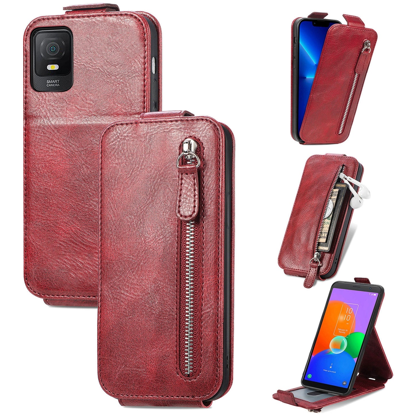 TCL 403 Zipper Wallet Case - Vertical Flip Leather Phone Cover with Multiple Card Slots and Stand