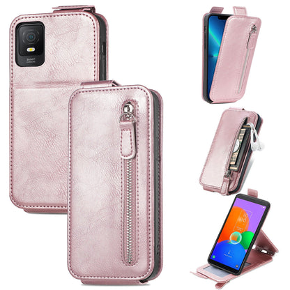 TCL 403 Zipper Wallet Case - Vertical Flip Leather Phone Cover with Multiple Card Slots and Stand