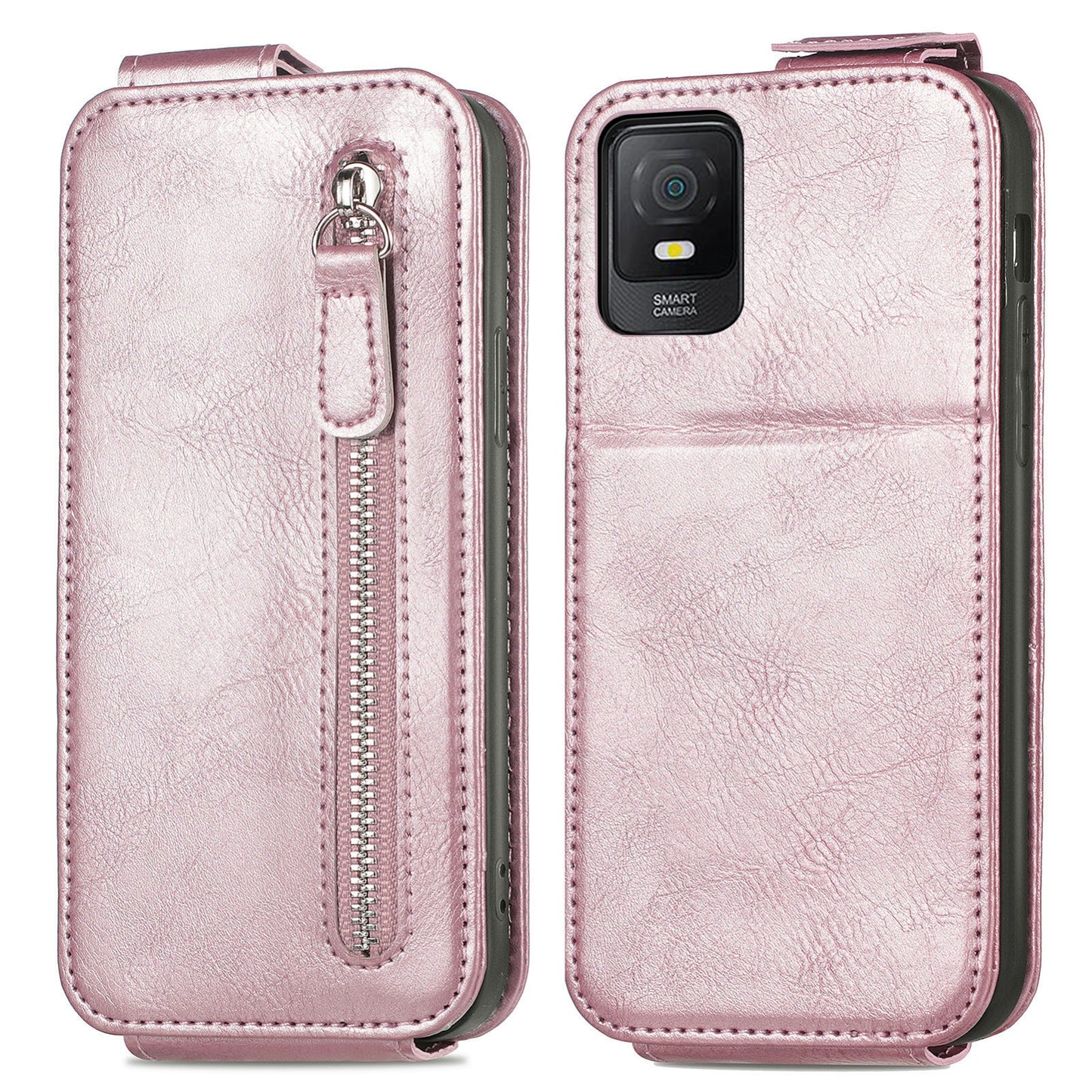 TCL 403 Zipper Wallet Case - Vertical Flip Leather Phone Cover with Multiple Card Slots and Stand