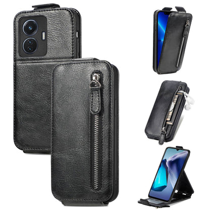 vivo T1 Zipper Wallet Case - Vertical Flip Leather Phone Cover with Multiple Card Slots and Stand