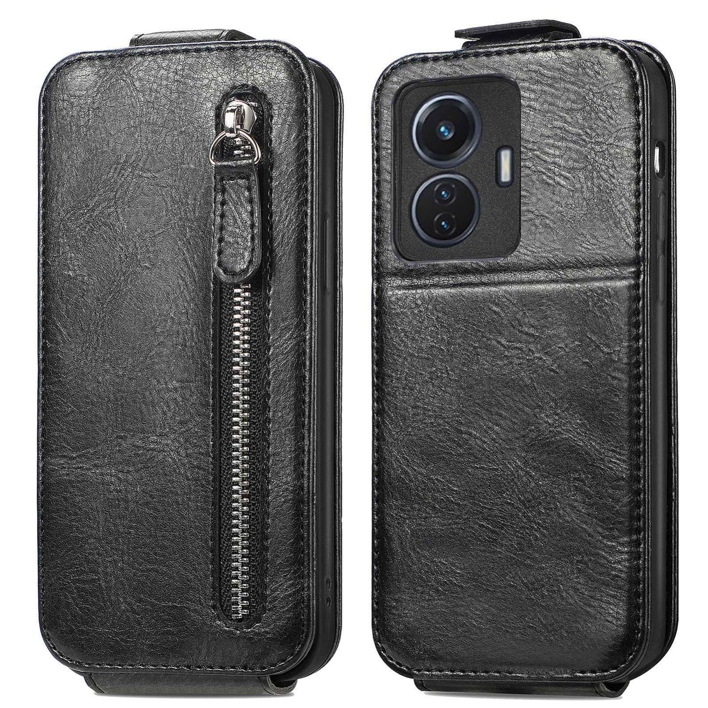 vivo T1 Zipper Wallet Case - Vertical Flip Leather Phone Cover with Multiple Card Slots and Stand