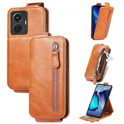 vivo T1 Zipper Wallet Case - Vertical Flip Leather Phone Cover with Multiple Card Slots and Stand