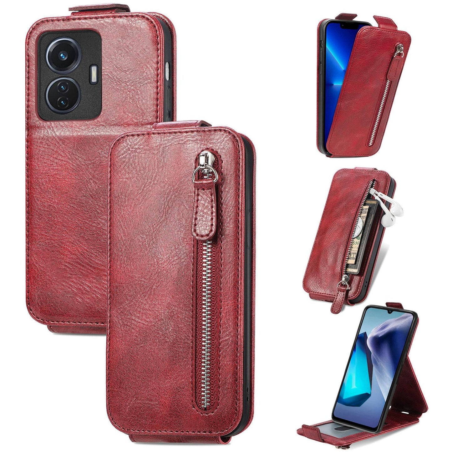 vivo T1 Zipper Wallet Case - Vertical Flip Leather Phone Cover with Multiple Card Slots and Stand