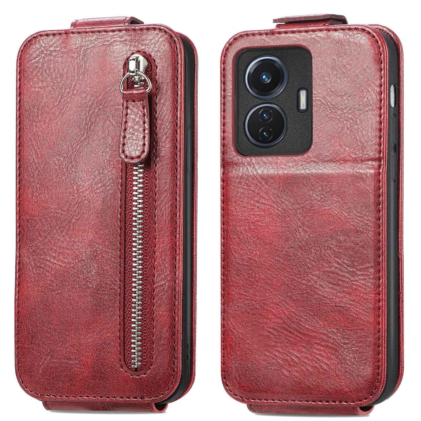 vivo T1 Zipper Wallet Case - Vertical Flip Leather Phone Cover with Multiple Card Slots and Stand