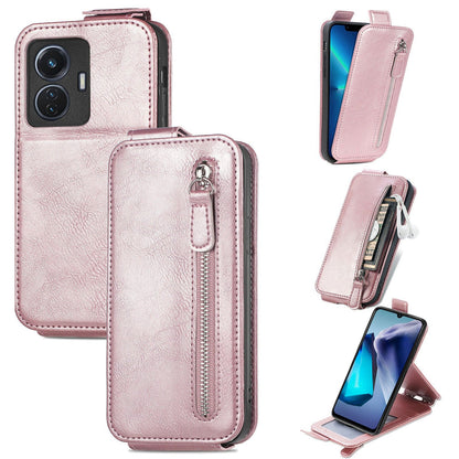 vivo T1 Zipper Wallet Case - Vertical Flip Leather Phone Cover with Multiple Card Slots and Stand