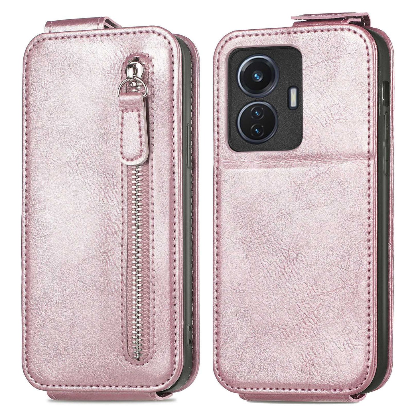 vivo T1 Zipper Wallet Case - Vertical Flip Leather Phone Cover with Multiple Card Slots and Stand