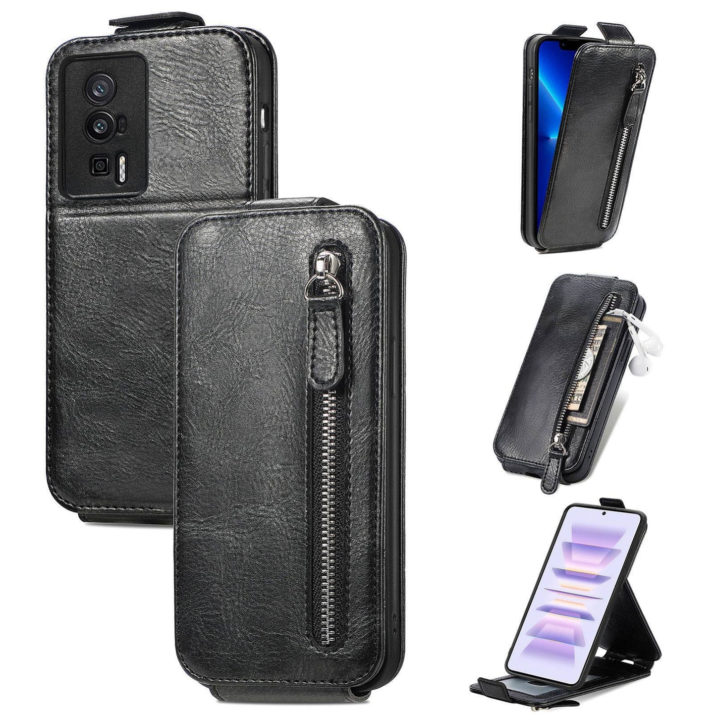 Xiaomi Redmi K60 Pro Zipper Wallet Case - Vertical Flip Leather Phone Cover with Multiple Card Slots and Stand