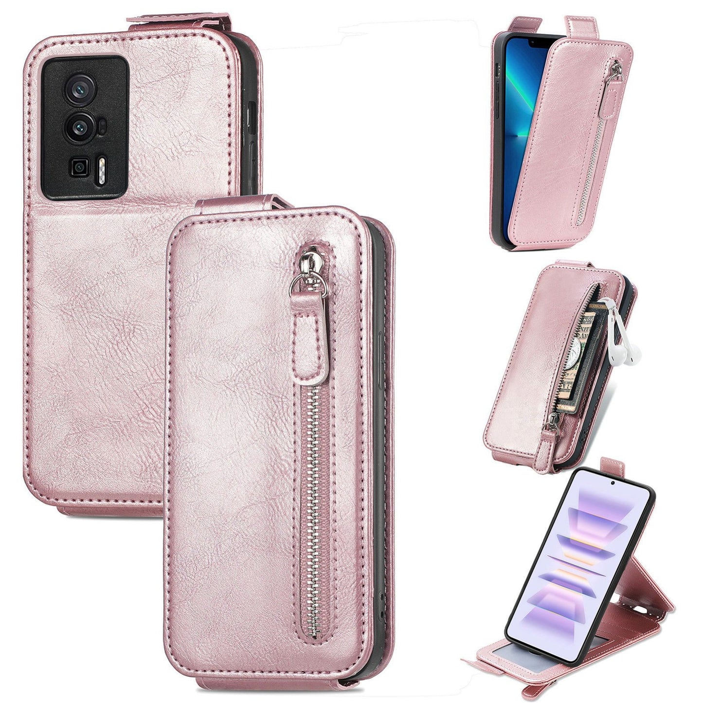 Xiaomi Redmi K60 Pro Zipper Wallet Case - Vertical Flip Leather Phone Cover with Multiple Card Slots and Stand