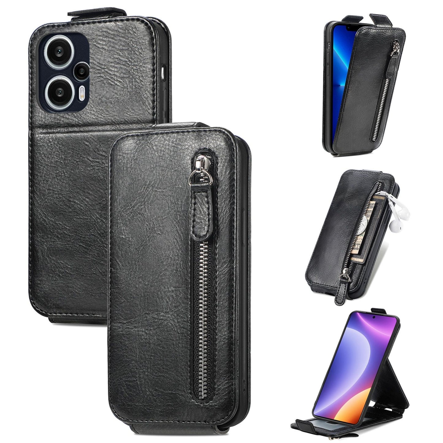 Xiaomi Redmi Note 12 Turbo Zipper Wallet Case - Vertical Flip Leather Phone Cover with Multiple Card Slots and Stand