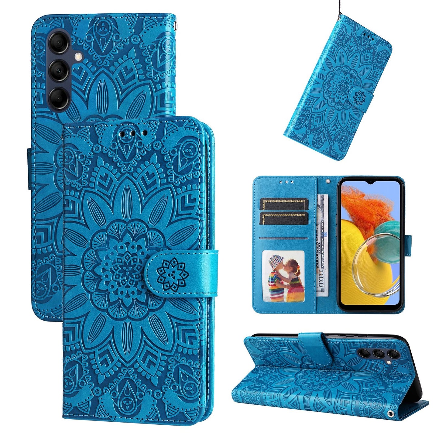 Samsung Galaxy M14 5G Sunflower Embossed Leather Wallet Phone Case with Kickstand and Card Holder