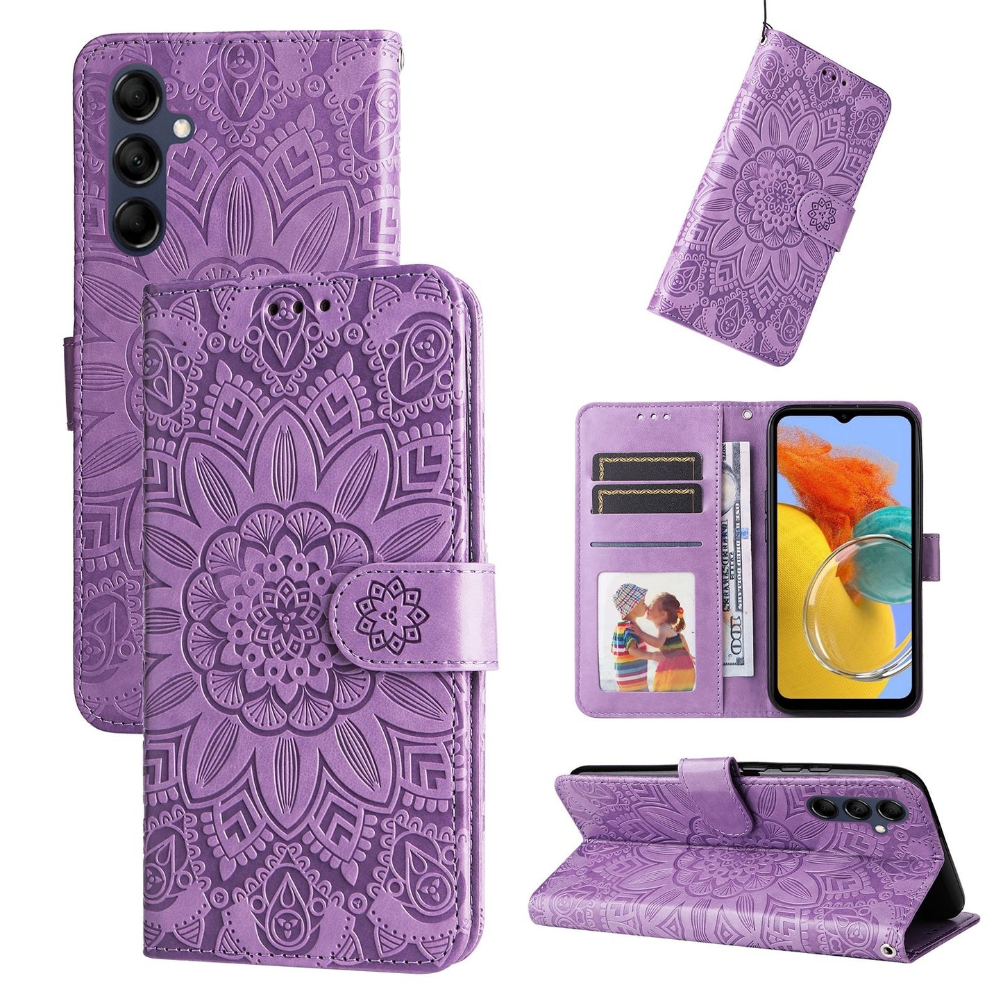 Samsung Galaxy M14 5G Sunflower Embossed Leather Wallet Phone Case with Kickstand and Card Holder