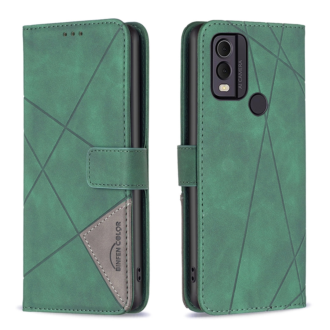 Nokia C22 Rhombus Texture Leather Phone Case with Magnetic Buckle and Card Holder