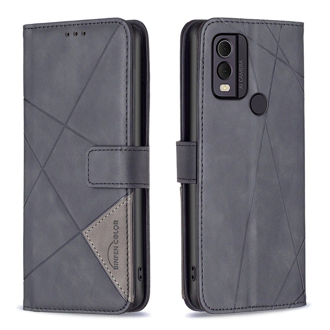 Nokia C22 Rhombus Texture Leather Phone Case with Magnetic Buckle and Card Holder