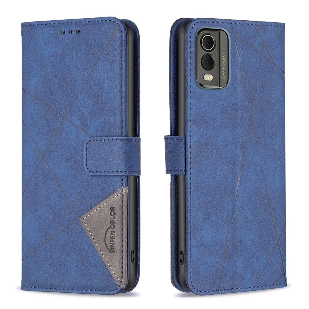 Nokia C32 Rhombus Texture Leather Phone Case with Magnetic Buckle and Card Holder