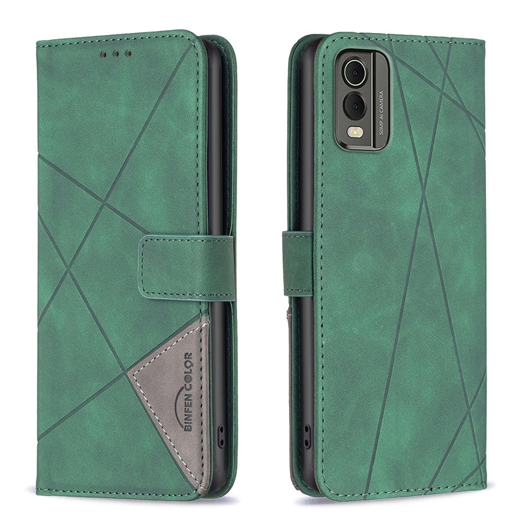 Nokia C32 Rhombus Texture Leather Phone Case with Magnetic Buckle and Card Holder