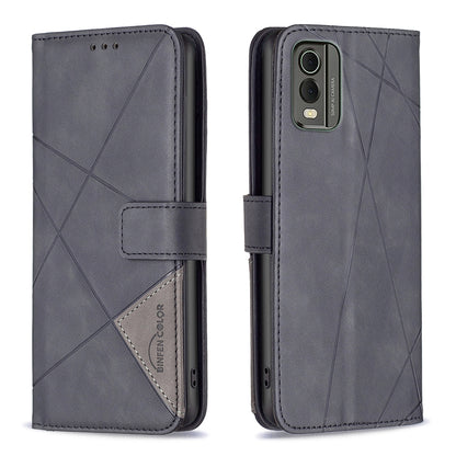 Nokia C32 Rhombus Texture Leather Phone Case with Magnetic Buckle and Card Holder