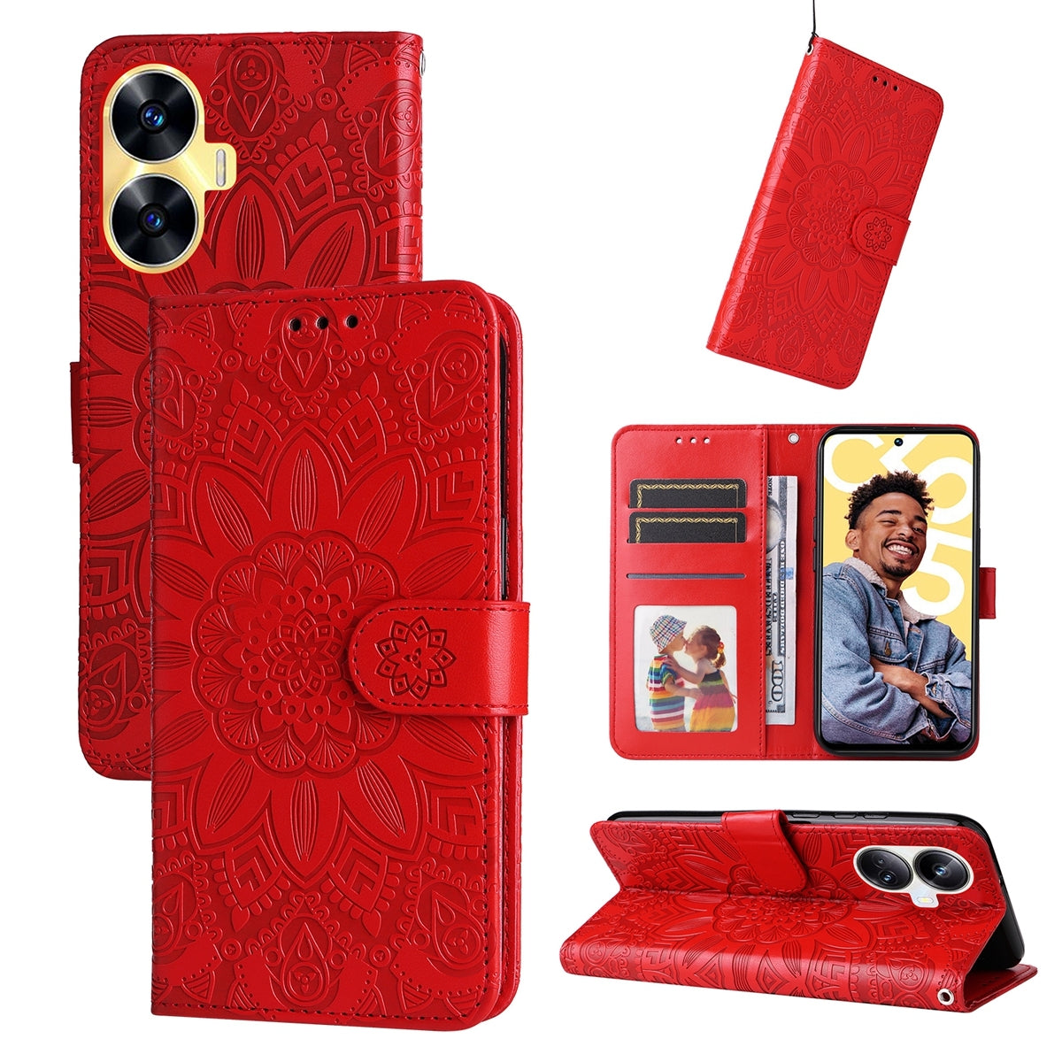 Realme C55 Sunflower Embossed Leather Wallet Phone Case with Kickstand and Card Holder