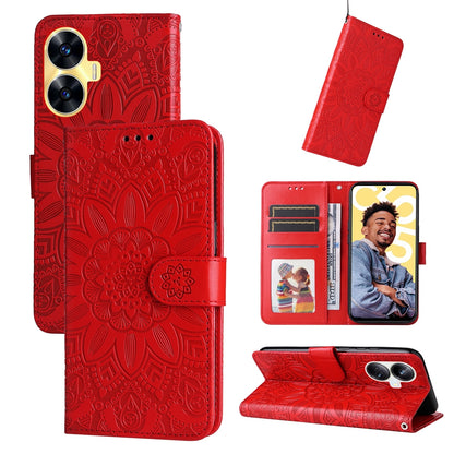 Realme C55 Sunflower Embossed Leather Wallet Phone Case with Kickstand and Card Holder